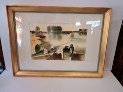 Eredeti Képcsarnokos Lóránt János Demeter (1938-) Kiáradt Kőrös papír, aquarell festmény