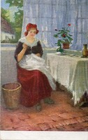 Képeslap: Nők virágok. Tolnay Tibor festmény.