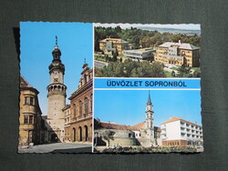 Képeslap,Sopron,térképes,Csepel üdülő,szálló,Tűztorony,várfal,templom látkép,részlet,1976-