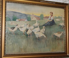 Lány libákkal - akvarell festmény