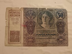 50 korona 1914-ből, bélyegzett darab, ötven korona (ovális bélyegzés)