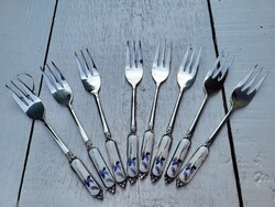 Vintage, ezüstözött, koreai, rozsdamentes acél, porcelánbetétes desszertesvilla készlet