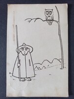 Régi rajzos képeslap Bagoly a fán - A 160.sz . Mátyás király Cserkészcsapattól küldve 1936