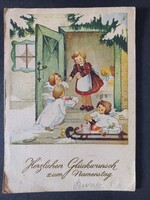 Régi rajzos képeslap Kellemes Karácsonyi Ünnepeket - angyalkákkal - sérült