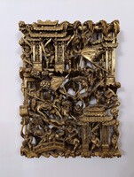 Antik kínai kép faragott fa sokalakos szobor harc csatajelenet katona arany bútor berakás 740 2083