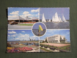 Képeslap,Velence,Velencei tó,kikötő,strand,szálló,üdülő,vitorlás hajó,étterem látkép,részlet, 1989-