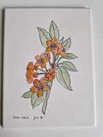 Falra akasztható, csempére festett virágcsendélet, szignózott