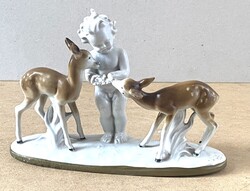 GRAFENTHAL, NÉMET PORCELÁN SZOBOR, 2 ŐZIKE ÉS KISFIÚ