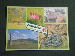 Képeslap,mozaik,Zemplén tájvédelmi körzet,Boldogkőváralja,csűr,szarvas,vipera,virág, 1986-