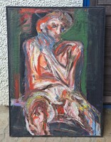 KONDÉ LÁSZLÓ 100X70 CM, RITKA! OLAJ-VÁSZON - győri festőművész, 1980-as évek - "Ülő fiú" c. festmény
