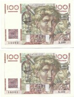 2 x 100 frank francs 1954 Franciaország Sorszámkövető Gyönyörű kötegben hajtott