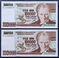 Törökország 2 x 100.000 Lirasi / Líra 1996, VF+ sorszámkövető pár.