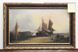 *Remigius Adrians van Haanen (1812 - 1894) - Kikötői jelenet,.. olaj,karton. Eredeti alkotás!