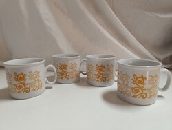 Zsolnay porcelán okker sárga, inda mintás teás, kakaós bögre készlet - 4 db nagy méretű
