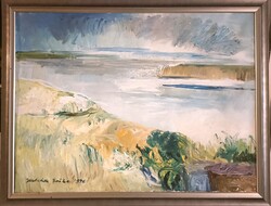 1 ft-ról! Juhász Erika (1926-2018) Part. Olaj/vászon, 60x80cm plusz keret! 1982-ben kiállítva!