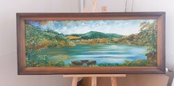 (K) Andrásy Róbert festmény 120x50 cm kerettel Váci Naszály hegy