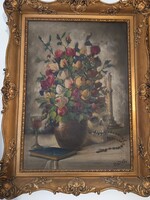 Soós Gyula - Olajvászon Festmény Keretében - Virágcsendélet Koponya Rózsafüzér