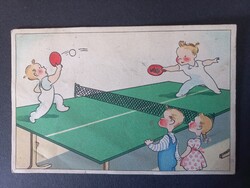 Régi razos 50 filléres  képeslap - ping-pong meccs