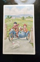Régi grafikus rajzos humoros képeslap Oldalkocsis motorkerékpár