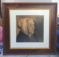 GEIGER RICHÁRD, KIVÁLÓ KERETBEN! Főkötős asszony portréja (rajz) keret belméret 40 x 39 cm, 40x39