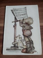 Régi grafikus képeslap, kisgyerek, mackó, Hummel kiadás