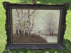 Vitéz Sashegyi Kálmán 1884 - 1945: Vadkacsás tájkép 60x80 cm, olaj, vászon festmény