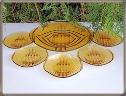 Art deco méz borostyán színű üveg süteményes készlet