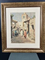 Koszkol Jenő 1868-1935 Akvarell karton Tunisz utcarészlet