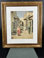 Akvarell Koszkol Jenő 1868-1935  Tunisz utcarészlet