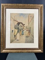 Akvarell Koszkol Jenő 1868-1935 tuniszi utcarészlet