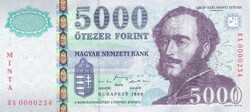 5000 forint 1999 MINTA UNC alacsony sorszám "0000234"