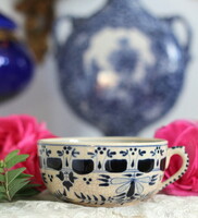 Antik, szívpecsétes Zsolnay porcelánfajansz teás csésze, Vieux Sax, máz alatti, kézzel festett dekor