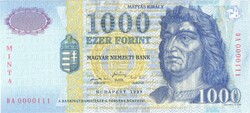 1000 forint 1999 MINTA UNC alacsony sorszám "0000111"