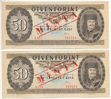 2 x 50 forint 1980 MINTA UNC sorszámkövető pár "000904-905"