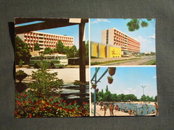 Képeslap,Hajdúszoboszló,mozaik,gyógyfürdő,szálló,üdülő,Ikarus autóbusz látkép,részlet, 1969-