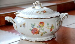 Zsolnay színes virágos leveses tál arany tollazás