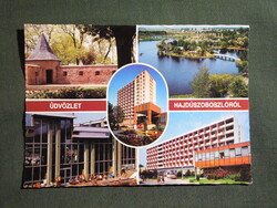 Képeslap,Hajdúszoboszló,mozaik,gyógyfürdő,strand,medence,szálló,üdülő,étterem látkép,részlet, 1986-