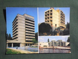 Képeslap,Hajdúszoboszló,mozaik,gyógyfürdő,strand,medence,szálló,üdülő,étterem látkép,részlet, 1986-