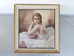 Antik festmény balerina ülő nő olaj vászon balett táncos keretben nem szignált 878 2203