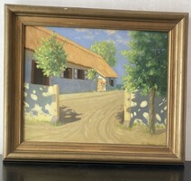Olajfestmény K.Szebeni Jenő (1882) Festménye, napsütötte parasztudvar