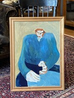 PATTANTYÚS MIKLÓS (1946-) FÉRFI KÉK PULÓVERBEN, JELZETT FESTMÉNY