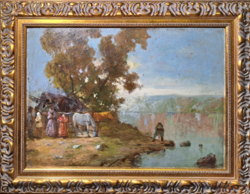 HALÁSZTANYA, KERETTEL EGYÜTT 90x70 CM ! Mészöly Géza modorában - azonosítatlan jelzés