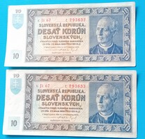 2 szlovák 10 Korona Korun 1939 évi sorszámkövető, aUNC (fotók szerint)