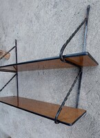 Régi retro designe kovácsoltvas fali polc, 2 db tartó, 2 db polc deszka fekete szegélyes