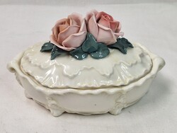 Régi Ens német porcelán rózsás bonbonier vagy cukortartó hibátlan állapotban 17,5 cm. hosszú