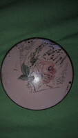 Antik réz / fém festett rózsás tükrös kerek púderes doboz szelence 8 cm átmérő a képek szerint