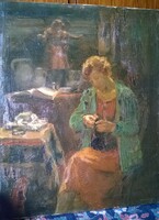 Krusnyák Károly /(Kőrös, 1889-Budapest,1960) Kézimunkázó lány o.,v.,jjl. 56x70 cm+blondel keret