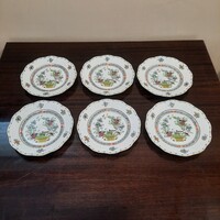 6 db Herendi színes Indiai kosármintás porcelán süteményes tányér készlet