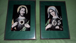 Antik parasztházas kisebb fali rézkeretes retusált szentkép pár üvegezett 21 x 15 cm a képek szerint