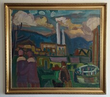 Cs. Németh Miklós(1934-2012): Egy gyári vasárnap. Nagyméretű, ritka, korai olajfestmény.